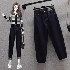 デニム ハイウエスト オシャレ 着痩せ カジュアル テーパードパンツ 九分丈