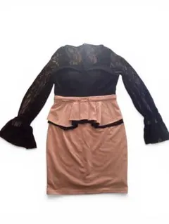 レース長袖ペプラムタイトドレス　M