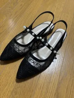 【未使用】パール付きレースパンプス・ミュールブラック 23.5cmのサムネイル