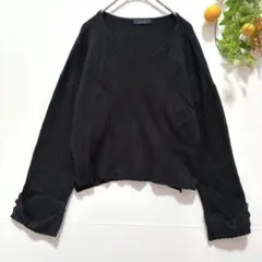 【clear】長袖ニット　セーター　Vネック　袖ボタン　ブラック　リブ　F