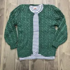 グリーン ケーブルニット カーディガン 透かし編み　サマーニット