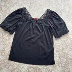 ヴィヴィアンタム　衿ぐりロゴ刺繍レース　パワーネットチュニックトップス44黒のサムネイル