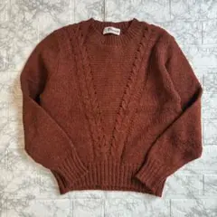 ウール混 ケーブルニット ブラウン クルーネック レディース 古着 春先OK