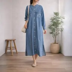 MARY QUANT シャツワンピース【普段使い】デニム M ロング丈 刺繍