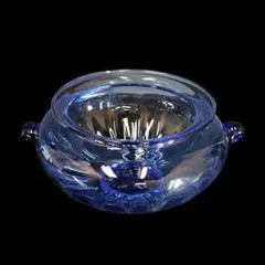 青色ガラス花器 持ち手付き