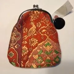 限定セール1点物！着物生地と牛革のガマ口ポーチ　着物　レザー　ガマ口