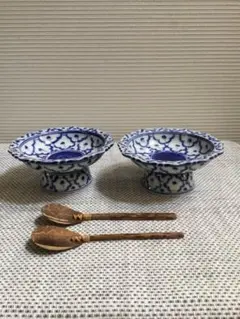 有田焼 龍峰窯 山水 無花果文様 五寸 深盛鉢 デザート鉢 2つセット
