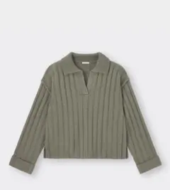 カーキ リブ編み ポロネックセーター Mサイズ