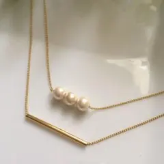 ストレートgoldパイプ×コットンパール ＊ 華奢なチェーンの二連ネックレス
