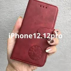 iPhone12.12pro 手帳型スマホケース　レザー　赤　柴犬　犬　シンプル