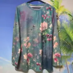 青緑色 花柄 長袖Tシャツ