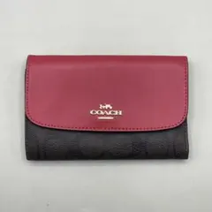 極美品✨️コーチ 三つ折り財布 シグネチャー PVC レザー 赤 茶