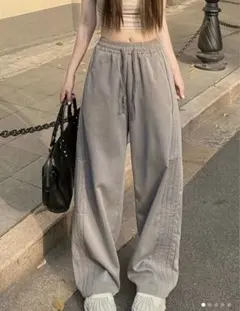 グレー ワイドレッグ ハイウエストパンツ 女性用 カジュアル