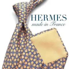 【美品】HERMES ネクタイ 幾何学模様 フラワー パターン 総柄 オレンジ