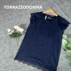 極美品 トラッゾドンナ 異素材ドッキングワンピース ビーズ スカラップ 紺のサムネイル
