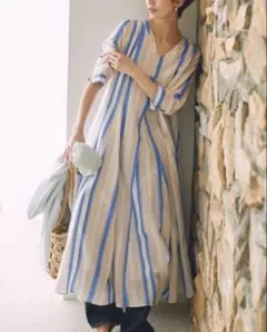 ヌキテパ　コットンボイルストライプ Vネック ドレス ロングワンピース