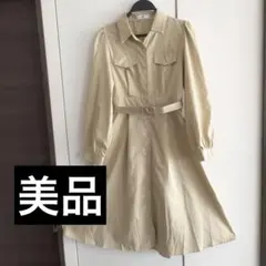 【ほぼ新品】細見えベージュ シャツワンピース ウエストベルト付き