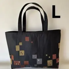 帯リメイク　ブラックスクエア　L トートバッグ