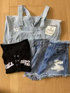 Y2K デニムオーバーオール＆ショートパンツセット レディースまとめ売り