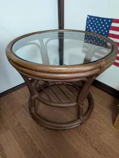 オールドラタン꧂ テーブル 丸型 ガラス天板 カフェテーブル 籐家具