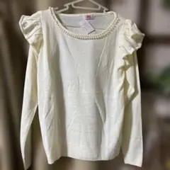 アイボリー パール装飾 フリル袖 セーター M