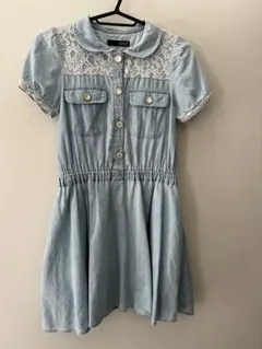 デニムワンピース レース 半袖 ライトブルー ひざ丈 140サイズ 裏地あり