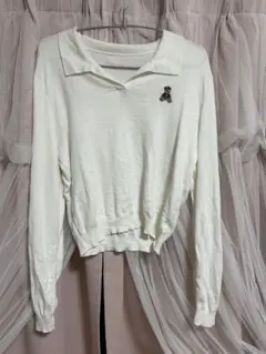 ホワイト 長袖ポロシャツ クマ刺繍 wmanagement トップス