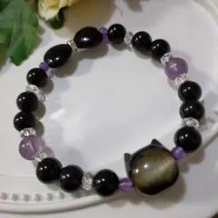 天然石ブレスレット　オブシディアンねこ　オニキス