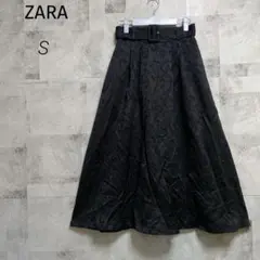 ZARA【S】フレアスカート ロング ブラック レース調 花柄刺繍 ベルト付き