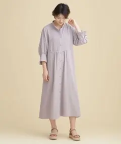 O562ナノユニバースロングシャツワンピースバンドカラー七分袖グレー無地ブルー