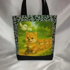 トート　ハンドメイド　可愛い犬U^エ^Uと鳥のトートバッグ　パネル生地