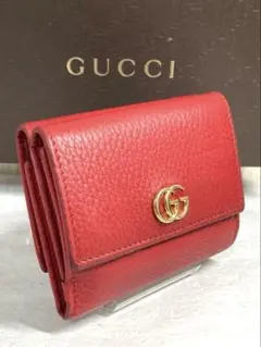 良品 GUCCI グッチ GGマーモント レザー 三つ折財布 レッド系