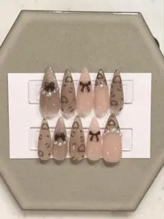 ネイルチップ ハート リボン パール ヒョウ柄 秋ネイル