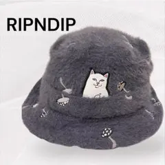 RIPNDIP バケットハット グレー　ボア　猫　きのこ刺繍