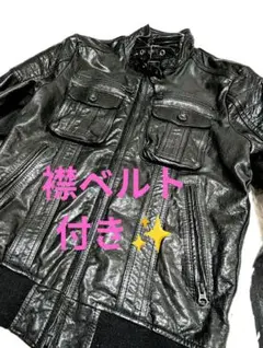 古着♥️本革 リアルレザー 黒 ライダースジャケット ダブルジップM 2