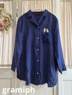 グラニフ　開襟シャツフクロウ刺繍長袖F ネイビー　レーヨン85% 麻15%のサムネイル