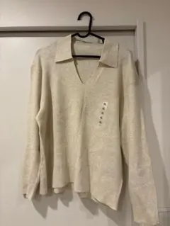 ナチュラル Vネック襟付きニットセーター XL