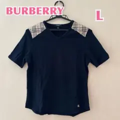 【レディースL】BURBERRY バーバリー半袖TシャツVネック ネイビー紺