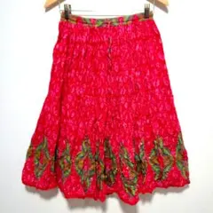 個性的⭐総柄 フレアスカート 赤 エスニック スパンコール ヴィンテージ