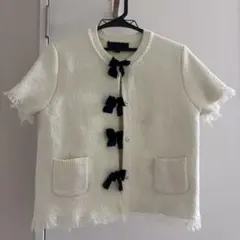 ZARA リボン付きツイード風半袖ニット ホワイト　Mのサムネイル