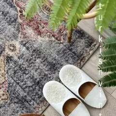 デニムブルー✳︎64×61 シャビー　キャラメル　レッド　トルコヴィンテージラグ