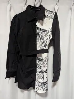 バイカラー長袖シャツ ウエストベルト付き