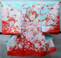 お宮参り 産着 女児 合繊 のしめ 金刺繍 綸子地 ミントグリーン×赤 祝着