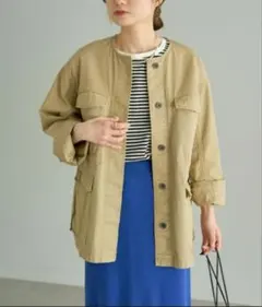 PUAL CE CIN ノーカラーミリタリーブルゾン pual ce cin ジャケット ノーカラージャケット アソート ツイードノー