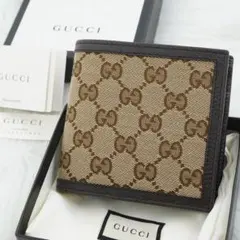 新品　箱付き　GUCCI グッチ　二つ折り財布　レザー　GG柄 ブラウン　希少
