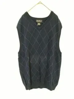 エディーバウアー　ニットベスト　メンズL　ネイビー色　アーガイル柄　綿100％