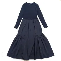 RAMIRAL　ネイビー切替ワンピース ロング丈 ニット×フレア 美シルエット