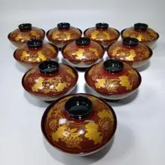 木製　溜塗秋草吸物椀10客　共箱