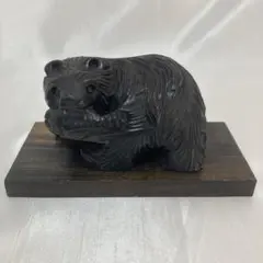 <美品> 木彫りの熊　置物　鮭をくわえた熊　インテリア