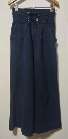 レディース　デニムフリルワイドパンツ　リボン　ハイウエスト